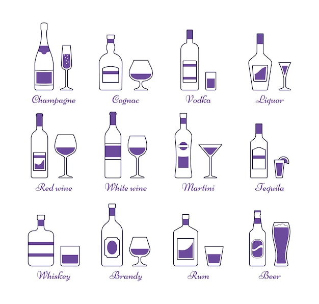 Plik wektorowy kolekcja butelek i szklanek alkoholu liniowe ikony napojów w stylu graficznym ilustracja wektorowa