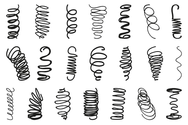 Plik wektorowy kolekcja cewek sprężynowych zestaw czarnych sprężyn spiralnych metalowych i spiral liniowych kolekcja ikon cewki sprężynowej i amortyzatora