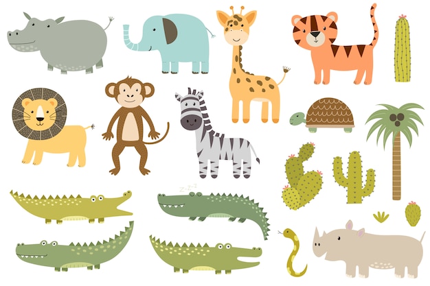 Kolekcja cute zwierząt safari na białym tle. Żyrafa, lew, hipopotam, krokodyl i inne.