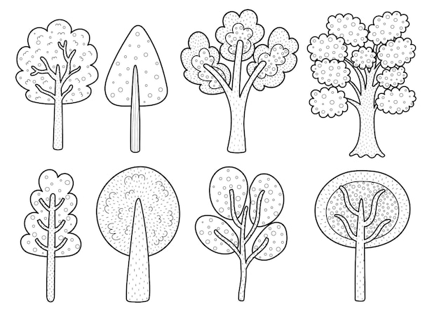 Kolekcja Czarno-białych Drzew Doodle Zestaw Różnych Drzew Do Kolorowania Strony