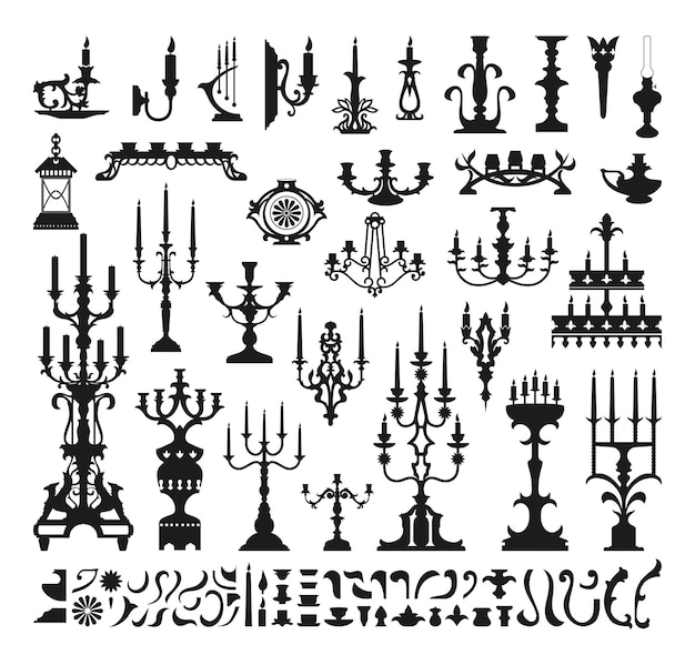 Plik wektorowy kolekcja czarno-białych świec i świeczników na białym tle. elementy do dekoracji.