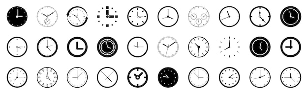Kolekcja czarnych ikon zegara na białym tle Kolekcja ikon zegara deadline Zestaw ikon zegara czasu stopwatch