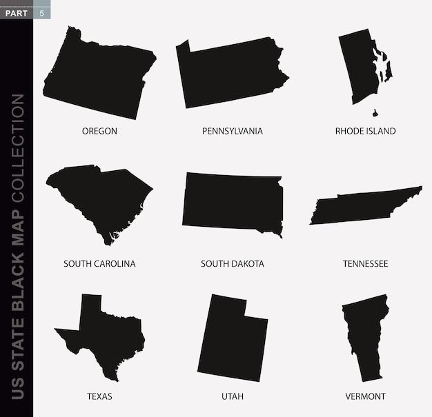 Plik wektorowy kolekcja czarnych map stanów usa, czarne mapy konturowe, kolekcja map stanów usa część 5