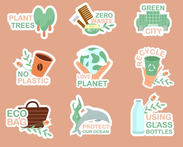 Plik wektorowy kolekcja ekologicznych wegańskich naklejek sloganów nigdy więcej plastiku, oszczędzaj planetę, użyj swojej torby, ponownie użyj recyklingu