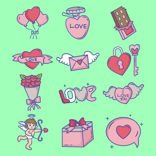 Kolekcja Element Valentine Day Doodle Kolor Styl Ilustracja wektorowa