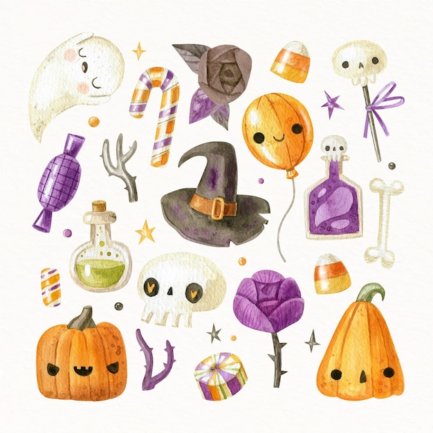 Plik wektorowy kolekcja elementów akwarela halloween