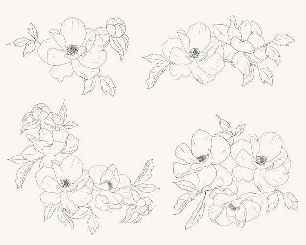Kolekcja Elementów Bukietu Kwiatów Piwonii Linii Doodle