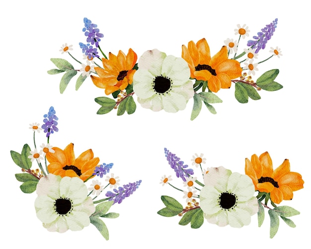 Plik wektorowy kolekcja elementów bukietu kwiatów słonecznika i białego anemonu