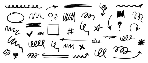 Kolekcja elementów marker scribble Grunge ręcznie narysowane ikony ciosy podkreślają znaki pędzla fali Zestaw wektorowy izolowany na białym tle