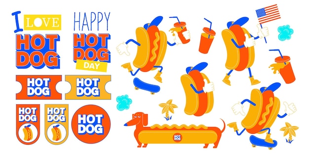 Kolekcja Elementów Projektu Kreskówka Hot Dogi I Naklejki Ilustracji Wektorowych