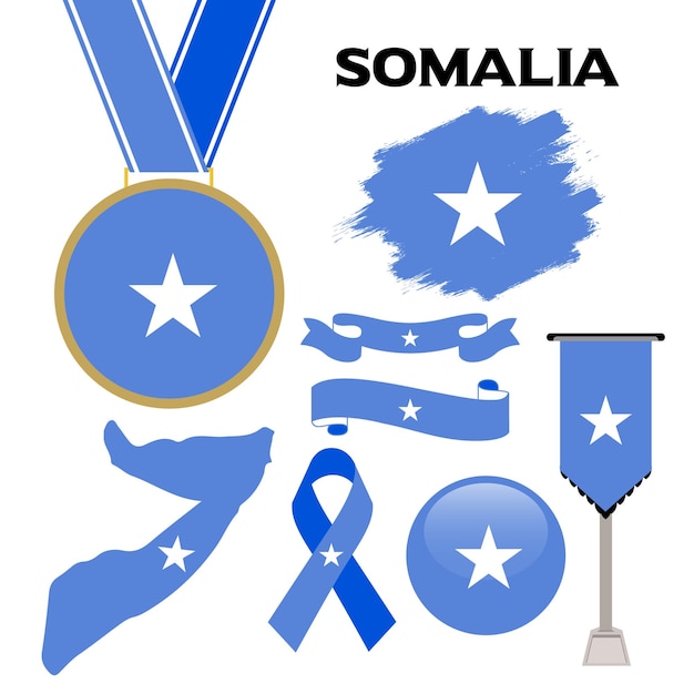 Kolekcja Elementów Z Szablonem Projektu Flagi Somalii. Flaga Somalii, Wstążki, Medal, Mapa