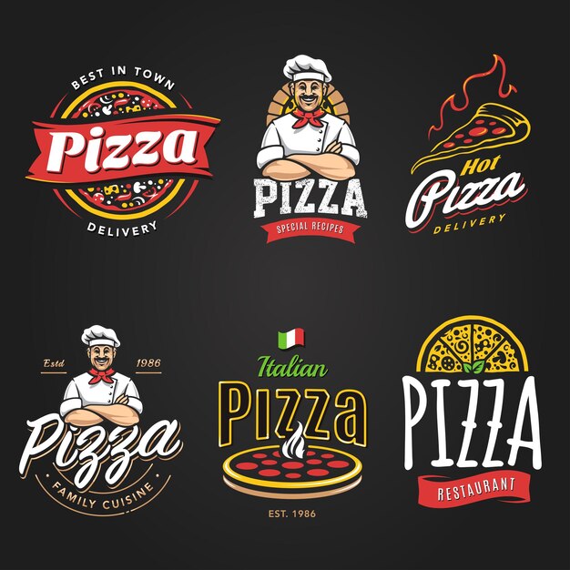 Kolekcja emblematów pizzy odznaki elementy i ikony restauracja kawiarnia pizzeria lub dostawa