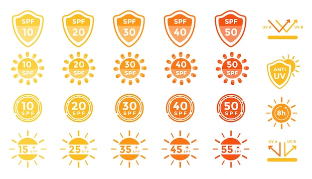Kolekcja etykiet chroniących przed słońcem uv i spf