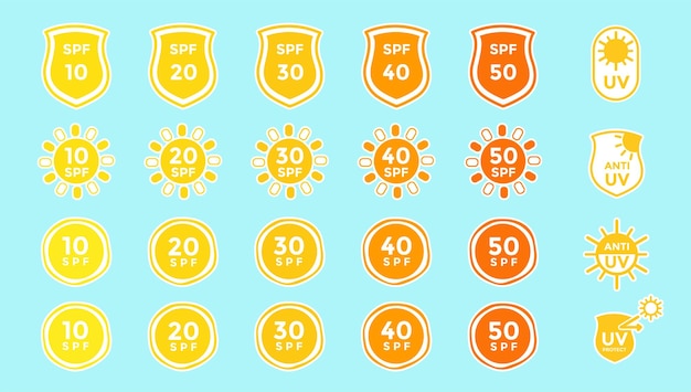 Kolekcja etykiet chroniących przed słońcem uv i spf