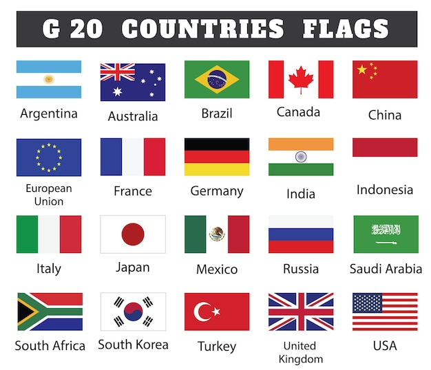Kolekcja flag krajów G 20 Flagi krajów członkowskich G 20, rysunek według ilustracji