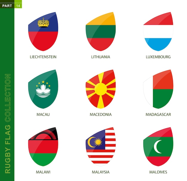 Kolekcja Flag Rugby Ikona Rugby Z Flagą 9 Krajów Liechtenstein Litwa Luksemburg Makau Macedonia Madagaskar Malawi Malezja Malediwy