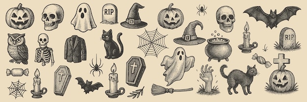 Kolekcja grawerowanych elementów halloween oferuje przerażający i vintage dotyk idealny dla tematu halloween