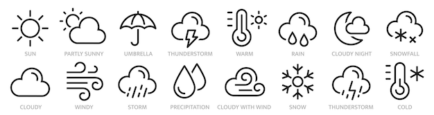 Plik wektorowy kolekcja ikon linii pogody symbol prognozy pogody chmura deszcz śnieg wiatr huragan słońce księżyc termometr i więcej wektor akcji