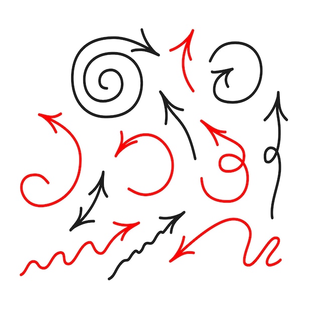 Kolekcja ikona strzałki w stylu cartoon doodle. Szkic strzałki na białym tle. Ręcznie rysowane ilustracji wektorowych clipart.