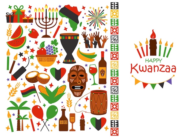 Kolekcja Ilustracji Wektorowych Happy Kwanzaa. Symbole Wakacje Na Czarnym Tle. Ilustracja Wektorowa.