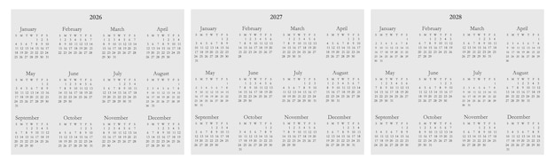 Plik wektorowy kolekcja kalendarza 2026 do 2028