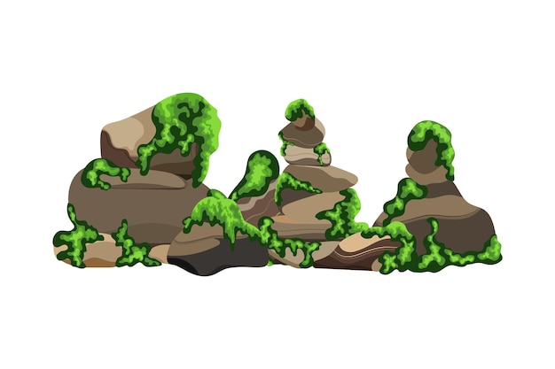 Kolekcja Kamieni O Różnych Kształtach Z Zielonym Mchem Kamyczki Przybrzeżne żwirminerały I Formacje Geologiczne Z Zielonymi Porostamifragmenty Skałgłazy I Materiał Budowlany