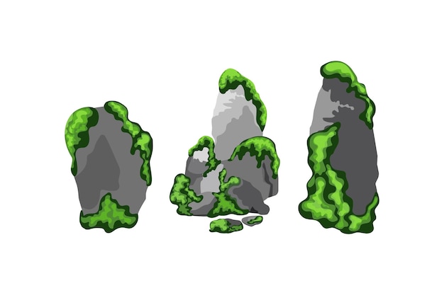 Kolekcja Kamieni O Różnych Kształtach Z Zielonym Mchem Kamyczki Przybrzeżne żwirminerały I Formacje Geologiczne Z Zielonymi Porostamifragmenty Skałgłazy I Materiał Budowlany