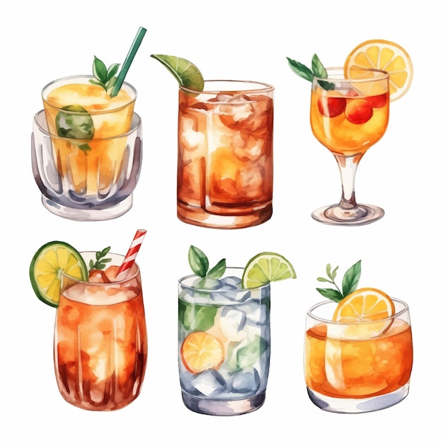Kolekcja koktajli alkoholowych Akwarela ilustracja Napoje clipart