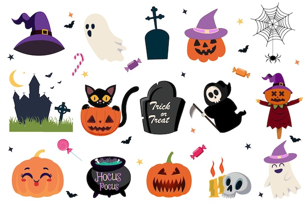 Kolekcja kolorowej ikony Halloween dynia duch czarownica kapelusze nagrobek pająka sieć czarny kot
