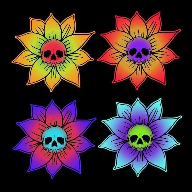 Kolekcja kolorowych kwiatowych czaszek handdrawn ilustracji wektor premium