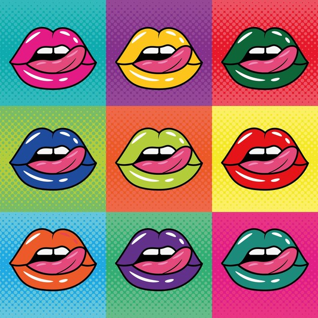 Kolekcja kolorowych pop art komiksów na ustach Vector