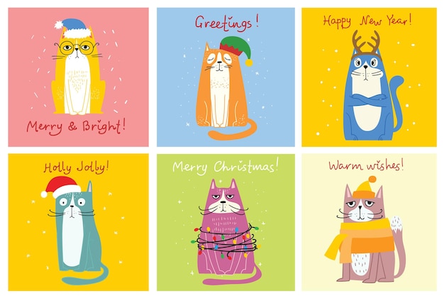 Kolekcja Kotów Wesołych świątecznych Ilustracji Uroczych Kotów
