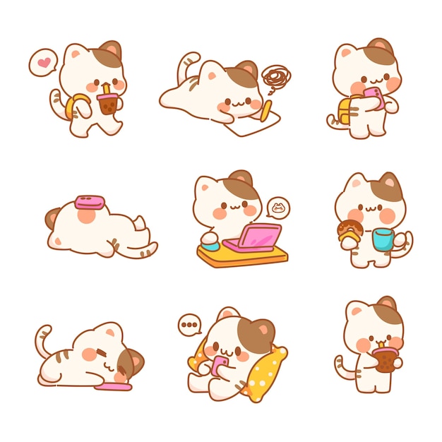 Kolekcja kreskówek Kawaii Cat Activity Ilustracja wektorowa