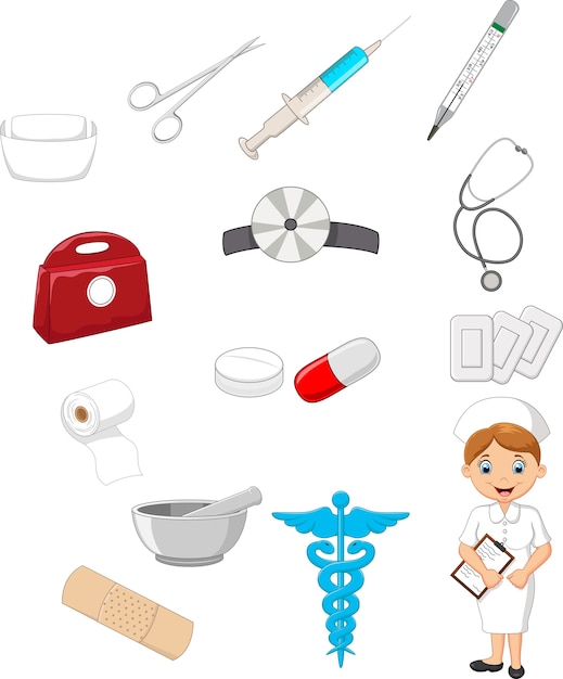 Kolekcja kreskówek urządzeń medycznych z pielęgniarką