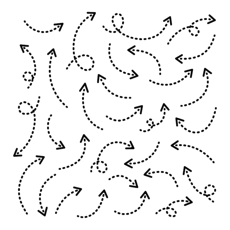 Kolekcja kropkowane zakrzywione strzałki Doodle cienkie strzałki Ręcznie rysowane ilustracje wektorowe strzałek