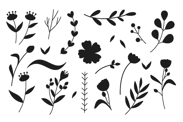 Kolekcja kwiatów i gałęzi doodle na białym tle sylwetki wektorowe