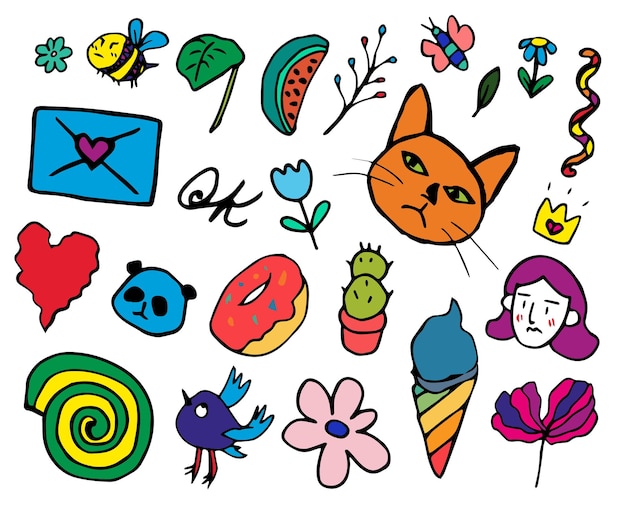 Kolekcja letnich naklejek ręcznie rysowane doodle