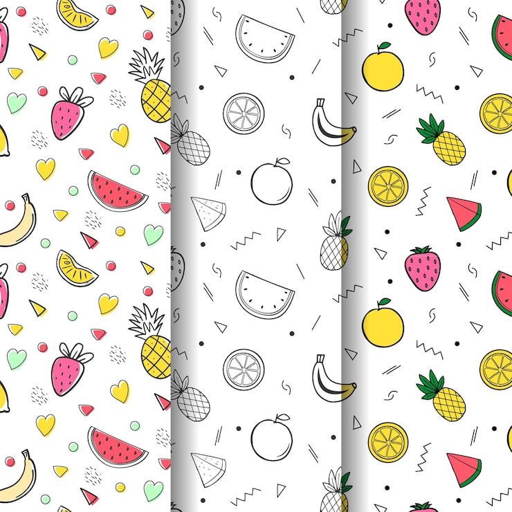 Wektor kolekcja letnich wzorów z owocami i kształtami geometrycznymi arbuz wiśnia ananas banan słoma