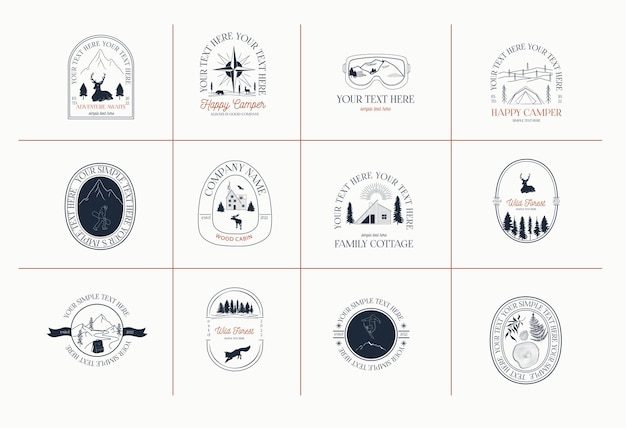 Kolekcja Liniowych Logotypów Przygodowych, Symboli, Szablonów Ikon Z Górami, Dzikimi Zwierzętami