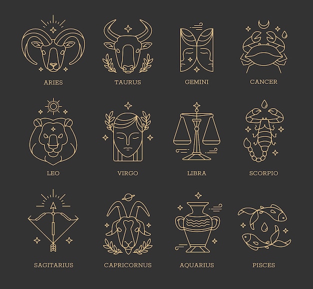 Kolekcja liniowych płaskich znaków zodiaku