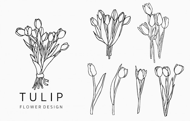 Plik wektorowy kolekcja logo czarnego tulipana z liśćmi, geometryczna.