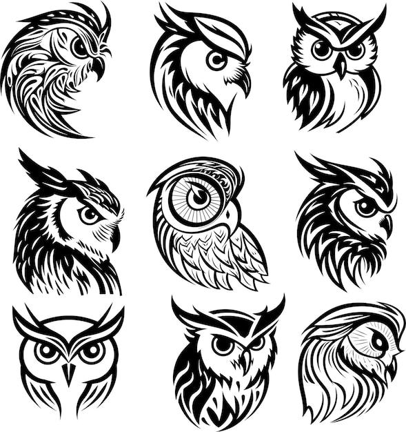 kolekcja logo sylwetki sowy czarno-biała ilustracja wektorowa