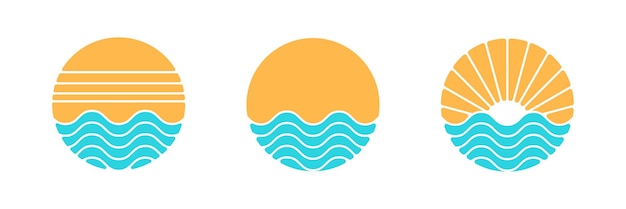 Kolekcja Logo Zachodu Słońca Projekt Retro Vintage Graficzne Słońce Zanurzone W Morskim Oceanie Lato Ilustracji