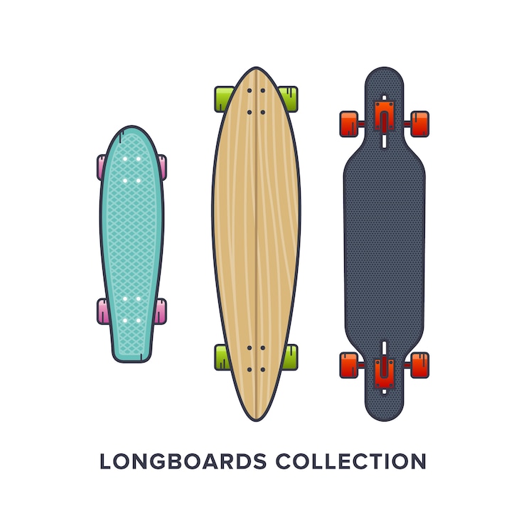 Wektor kolekcja longboardów w stylu płaskiej