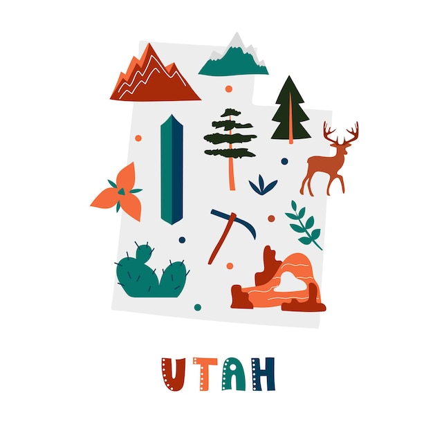 Kolekcja Map Usa. Symbole Państwowe Na Szarej Sylwetce Stanu - Utah