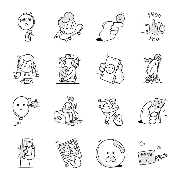 Kolekcja Miss You Doodle z smutnymi i zdenerwowanymi postaciami