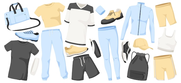 Plik wektorowy kolekcja modnych ubrań casual ubrania letnie zestaw koszula spodnie spodnie torebka plecak buty buty sportowe szorty izolowane na białym tle ilustracja wektorowa