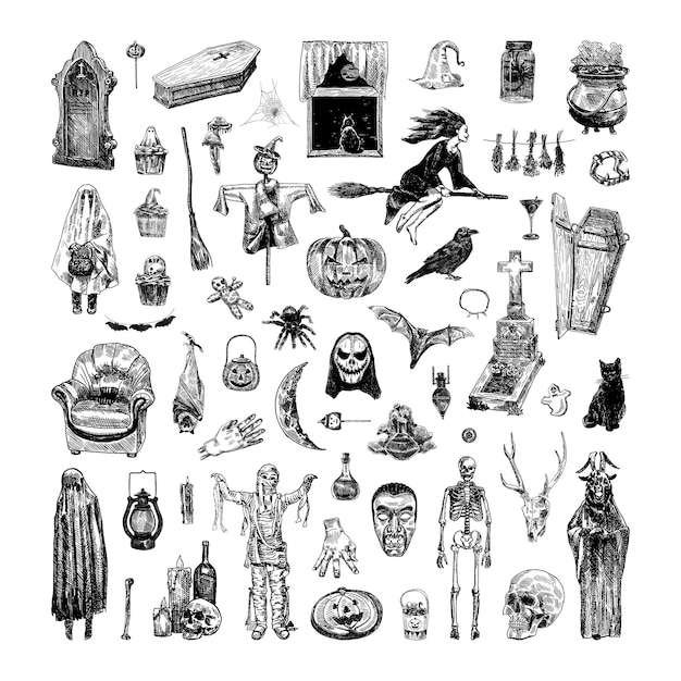 Plik wektorowy kolekcja monochromatycznych ilustracji halloween