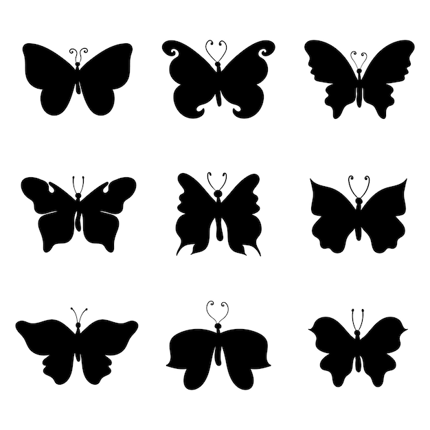 Plik wektorowy kolekcja monochromatycznych sylwetek motyli na białym tle