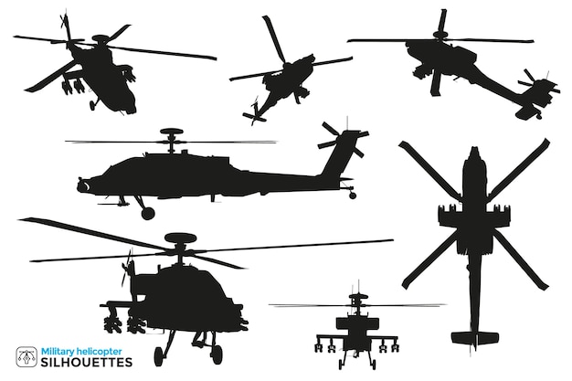 Kolekcja Na Białym Tle Sylwetki Wojskowych Helikopterów Bojowych I Ratowniczych W Różnych Widokach.